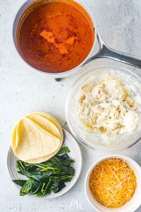 overhead: saucepan with red enchilada sauce, bowl of enchilada filling, and plate of tortillas and green chiles.