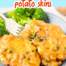 Cheesy BBQ Chicken Potato Skins. Piping hot baked potatoes are topped with sweet and tangy bbq sauce, chicken, and cheese. It makes a cozy, comfort meal or hearty appetizer while being simple to make.