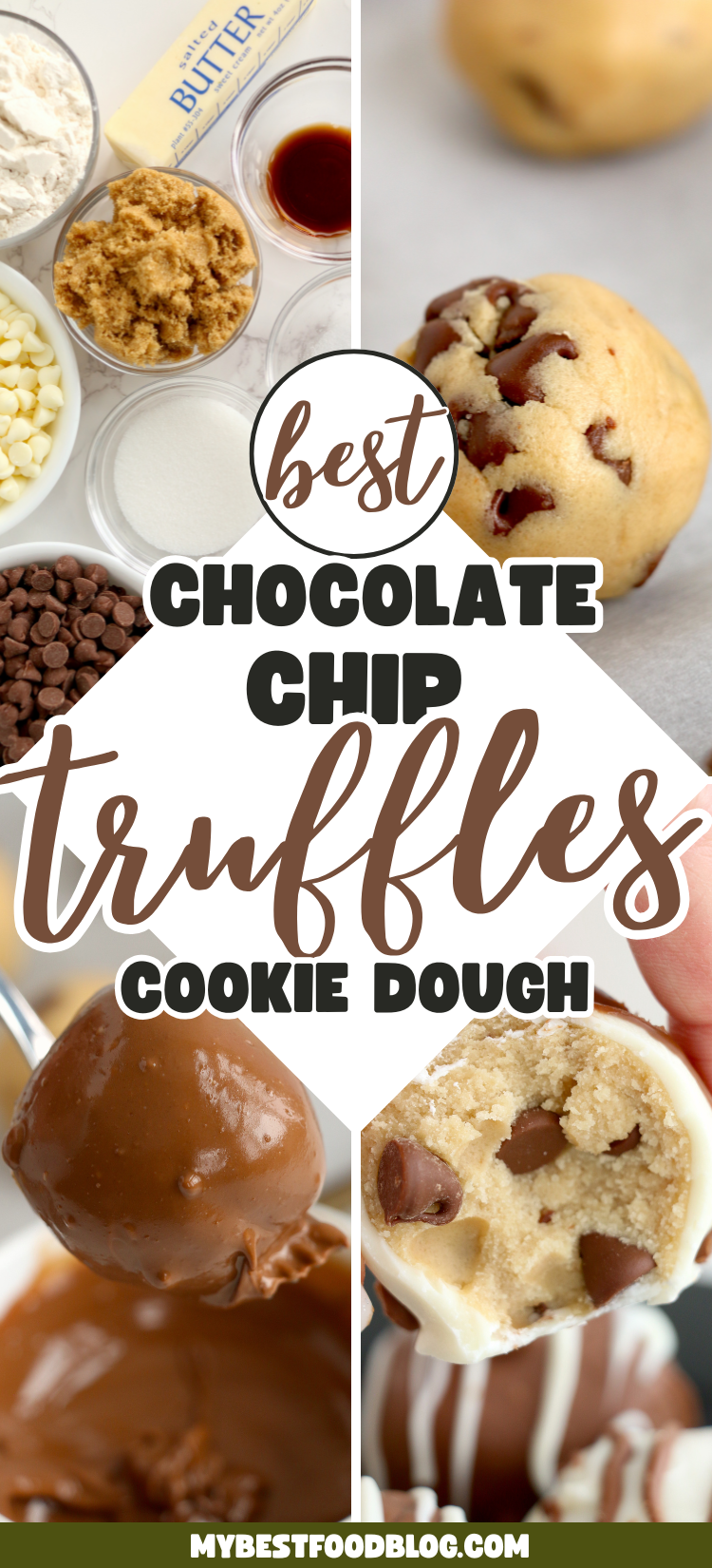 Ingredients and finished Chocolate Chip Cookie Dough Truffles are pictured, with a text overlay that reads, "Best Chocolate Chip Cookie Dough Truffles.