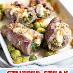 Oven Baked Stuffed Flank Steak looks fancy & makes an elegant presentation. Low-carb dinner recipe is quick, easy, & versatile! 