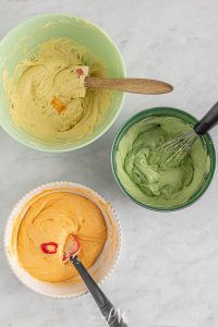 At this point, you can add a dot of yellow food coloring to the lemon bowl and orange food coloring to the orange bowl if you wish to intensify the colors. Mix only until the coloring has been incorporated and the batter is evenly colored. Pour the batter into each of the cake pans, keeping them separate.