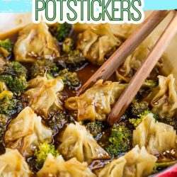 General Tso Potstickers are filled with chicken, quinoa, onions, garlic, & soy then cooked in a  sweet, spicy, and tangy sauce with broccoli.