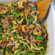 Homemade Onion Rings & No Cream of Soup Healthy Green Bean Casserole, a few simple changes to the traditional recipe makes this casserole healthier while maintaining the amazing flavor!