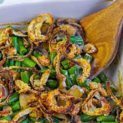Homemade Onion Rings & No Cream of Soup Healthy Green Bean Casserole, a few simple changes to the traditional recipe makes this casserole healthier while maintaining the amazing flavor!