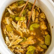 Crock Pot Mississippi Chicken has just four recipes but has so much flavor. This is the easiest slow cooker chicken recipe, it's super tender, juicy, tangy, and very versatile. #slowcooker #crockpot #chicken #recipes #callmepmc