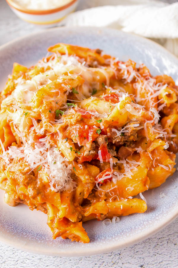 A plate of cheesy penne pasta.