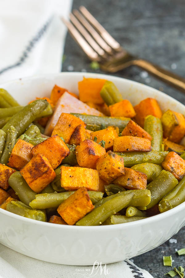 Sweet Potato ham and green beans in a bowl.