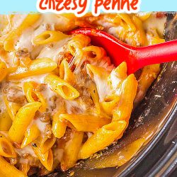 Slow Cooker Cheesy Penne in a rich beefy tomato sauce is full of ground beef, tomato sauce, pasta, and cheese. It's an easy Crock Pot comfort food recipe the whole family loves.