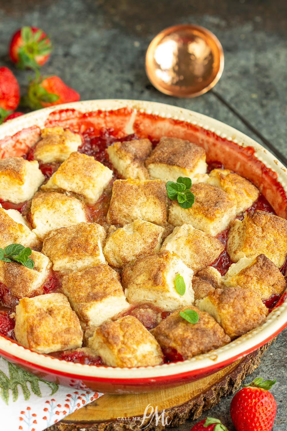 Strawberry Cobbler with cinnamon sugar biscuits