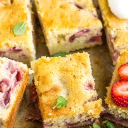 Fresh Strawberry Sheet Cake is amazingly moist and buttery made with fresh strawberries and yogurt.ย
