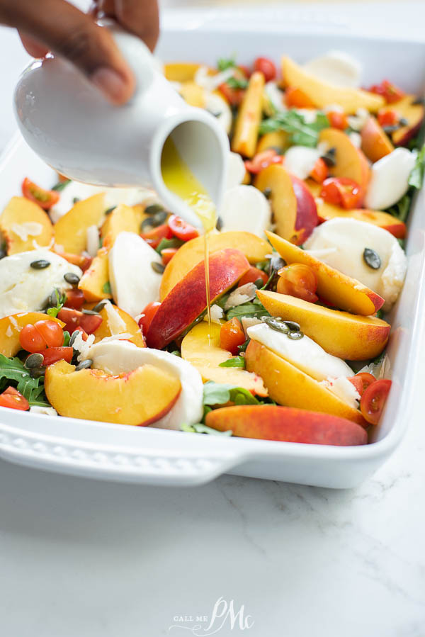 Peach Tomato Caprese Salad Recipe is full of juicy peaches, fragrant basil, creamy fresh mozzarella, and tender lettuce. #salad #capresesalad #peach #recipes #callmepmc