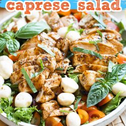 Quick and delicious dinner, the Easy Balsamic Chicken Caprese Salad Recipe is so flavorful with tender juicy chicken cutlets, fresh mozzarella, basil, and balsamic glaze.