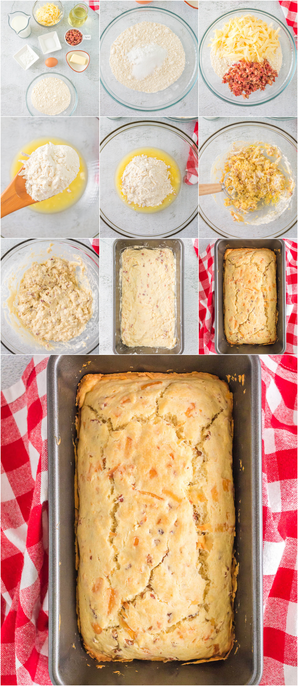 A collage of photos showing the process of making a quick bread.