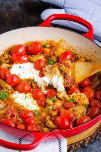 Burst Tomato Burrata Chicken - Chicken breasts or thighs with charred tomatoes & buttery, creamy burrata. 20 minute dinner recipe.