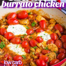 Savory, creamy, and delicious! This gourmet meal, Burst Tomato Burrata Chicken, will become a weeknight staple that everyone loves.