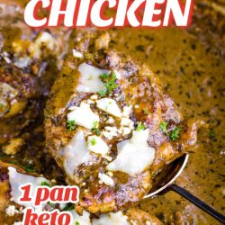 One Pan Keto Pesto Chicken is basking in a delicious pesto cream sauce that's simple to make in 1 pan in 30 minutes. Low-carb, gluten-free, & super tasty! #dinner #chickenrecipes #recipes #callmepmc