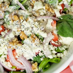 Strawberry Feta Salad with Creamy Poppy Seed Dressing this must-have summer salad is always a crowd-pleaser. It is sweet, crunchy and so refreshing! #strawberrysalad #recipes