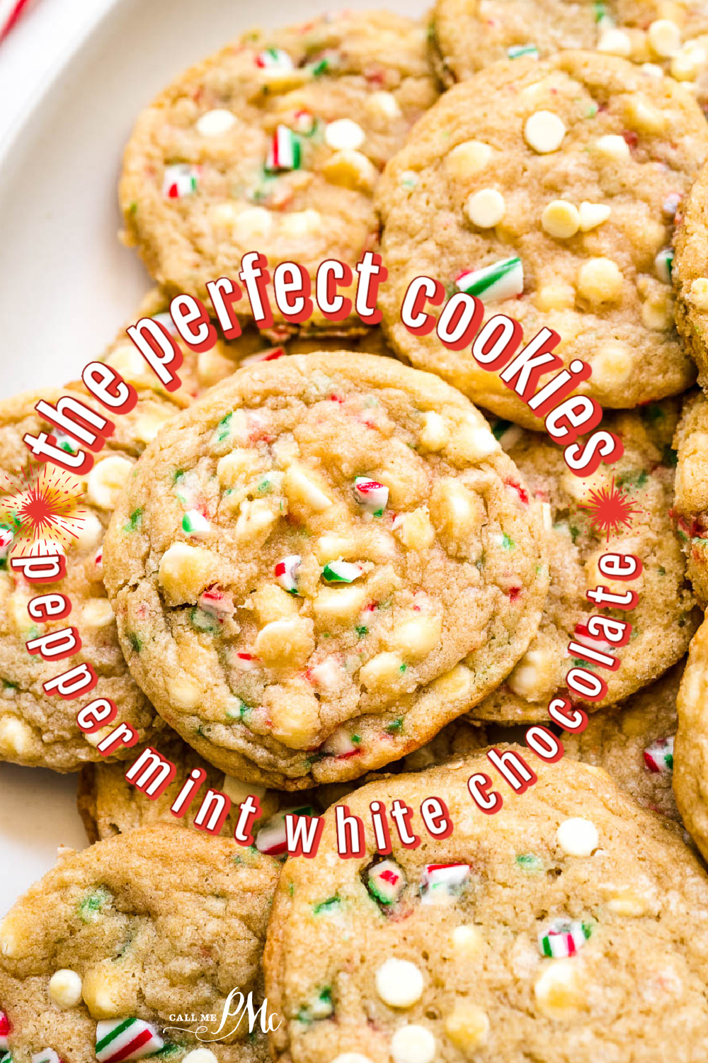 cookies Titled image of peppermint white chocolate chip cookies.