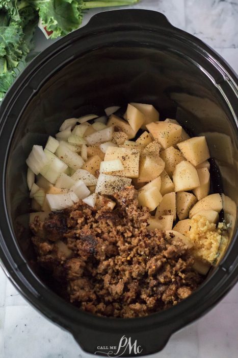A Slow Cooker of meat and potatoes.