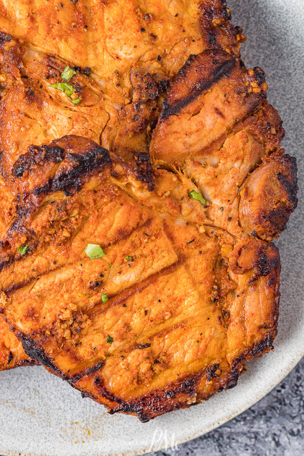 close up of grilled pork chop.