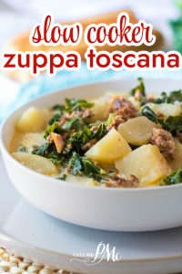 A bowl of Slow Cooker Zuppa Toscana with text overlay.