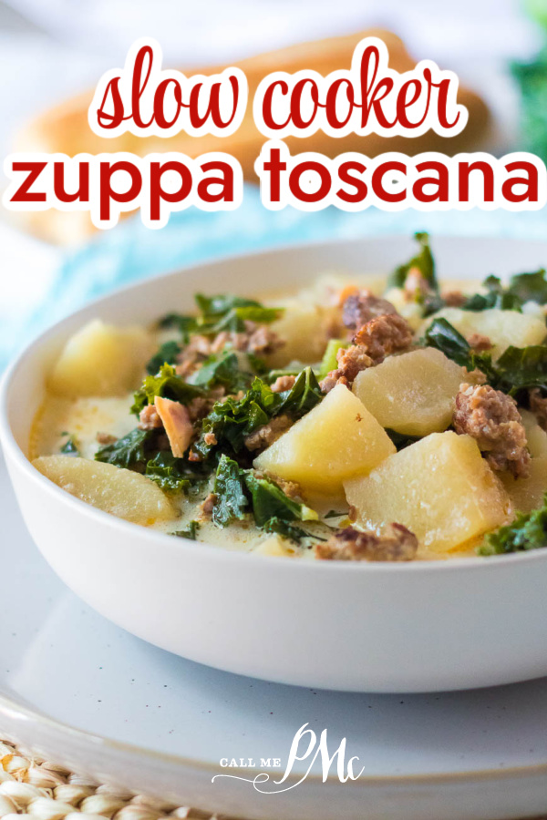 A bowl of Slow Cooker Zuppa Toscana with text overlay.