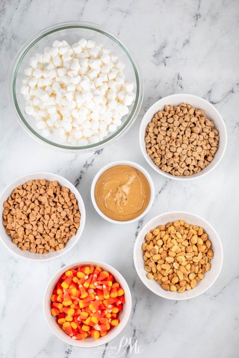 bowls of ingredients for marshmallow bars recipe