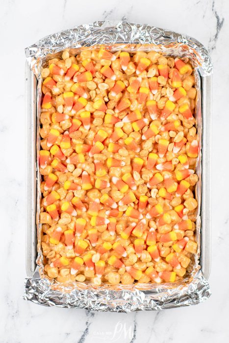 pan of candy corn marshmallow bars.