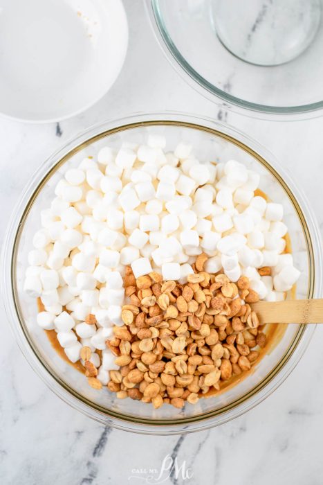 bowl with mini marshmallows and other ingredients for homemade marshmallow bars.