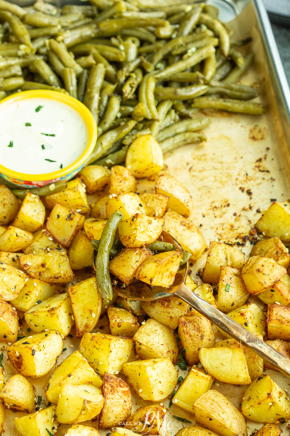 Sheet Pan Green Beans Potatoes & avocado ranch