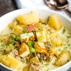 Creamy Sausage Potato Soup with Toasted Halloumi