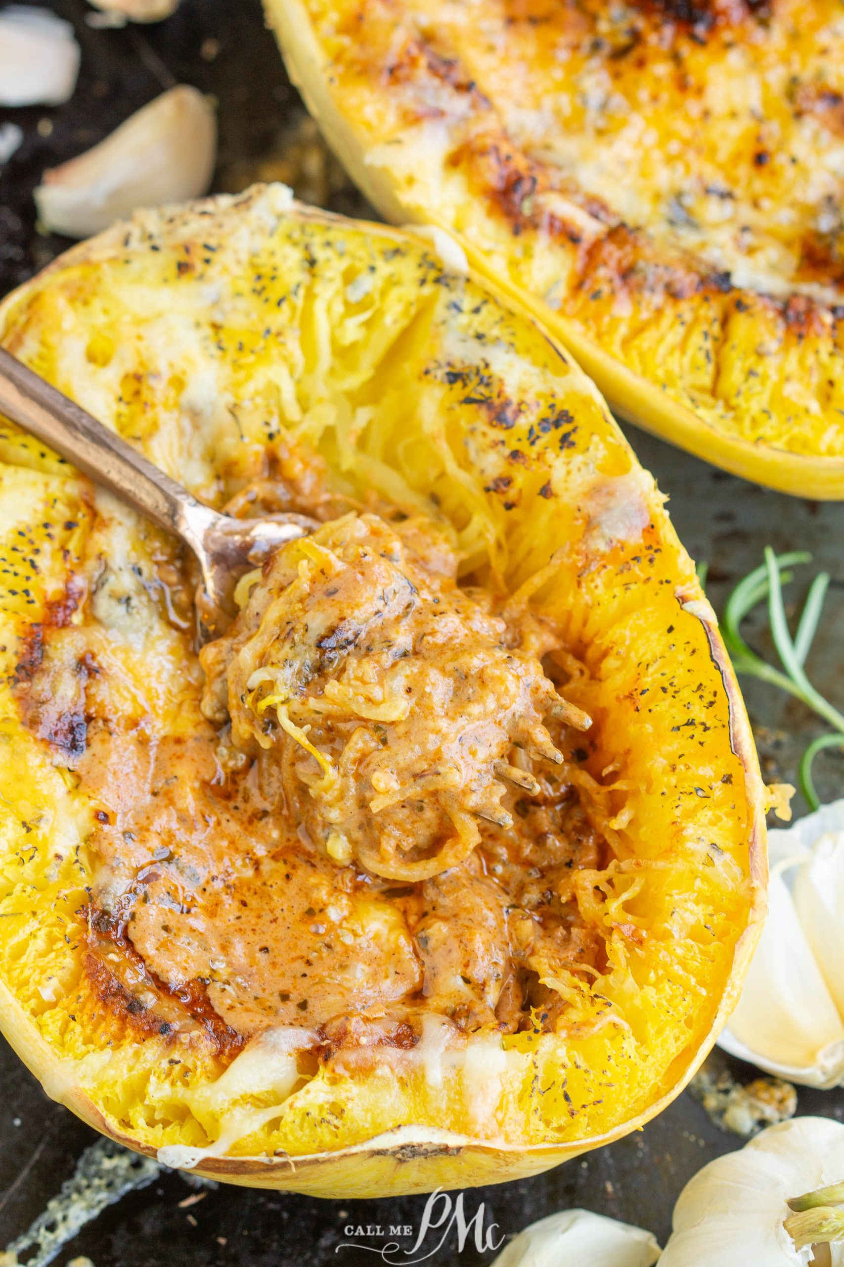 Spaghetti squash boats stuffed with garlic and olive oil.