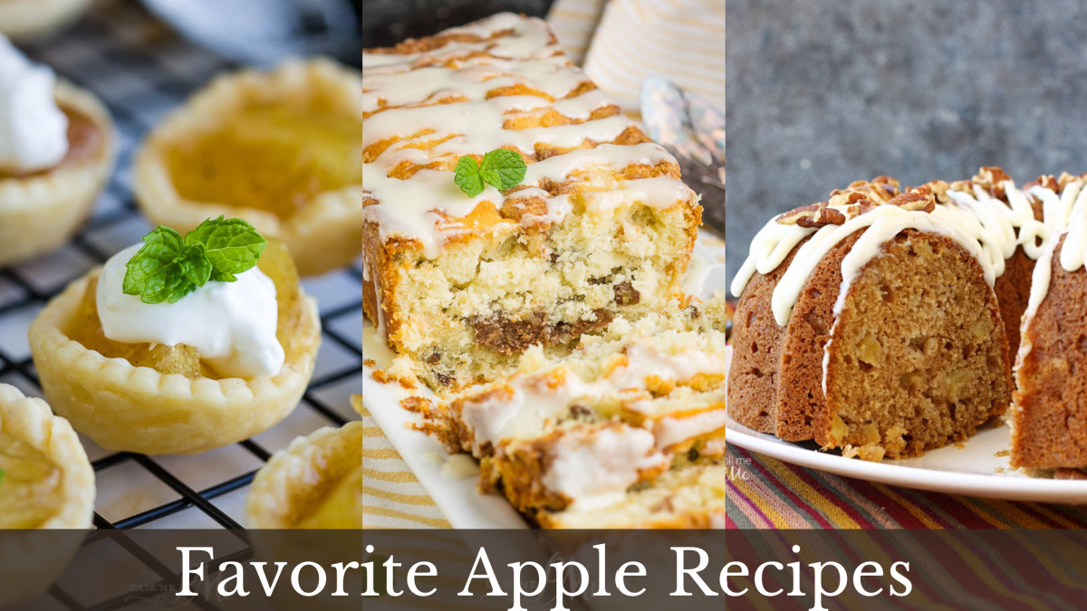 Three apple desserts—mini tarts with whipped cream and mint, glazed apple bread with nuts, and a bundt cake with icing—come together in this delightful collection of Favorite Apple Recipes. Text reads “Favorite Apple Recipes.”.