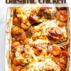 Keto Cheesy Balsamic Chicken recipe (Balsamic Bruschetta Chicken) marinated in balsamic vinegar, covered with cheese & baked to perfection.