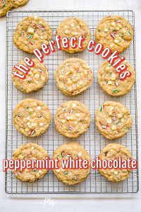 titled graphic for peppermint white chocolate chip cookie recipe