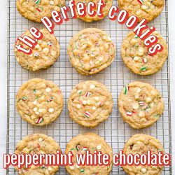 titled graphic for peppermint white chocolate chip cookie recipe