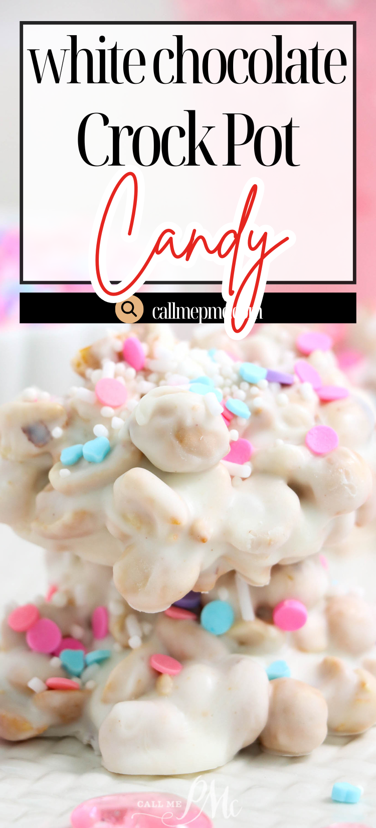 A close-up of White Chocolate CrockPot Candy clusters topped with colorful pastel sprinkles.