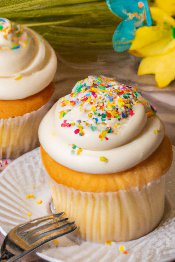 Vanilla cupcake with white icing and sprinkles
