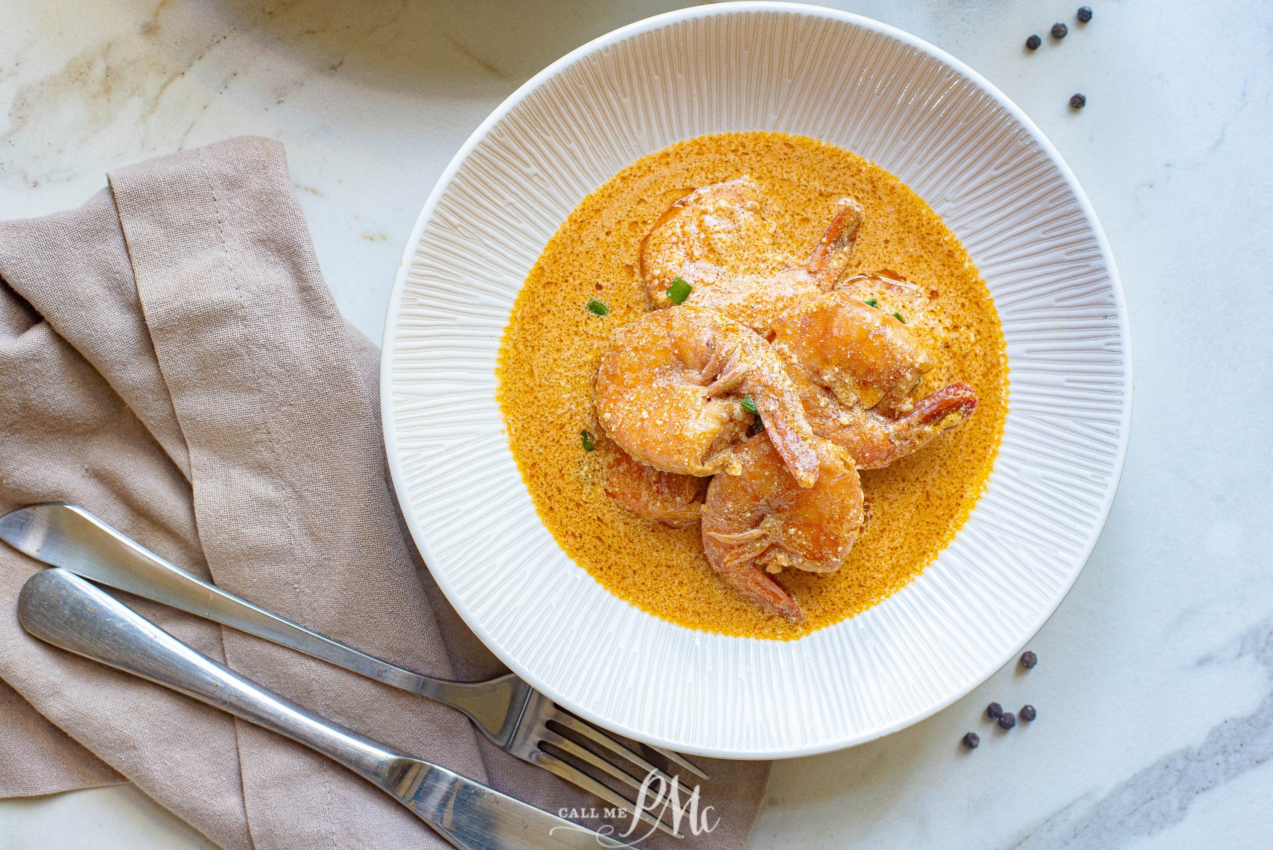 Barbecue Shrimp in a white bowl. 