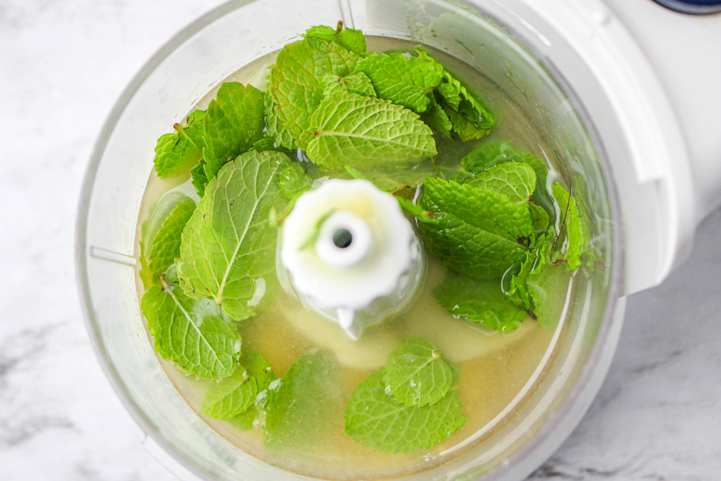 Mint and lemon juice in a food processor.