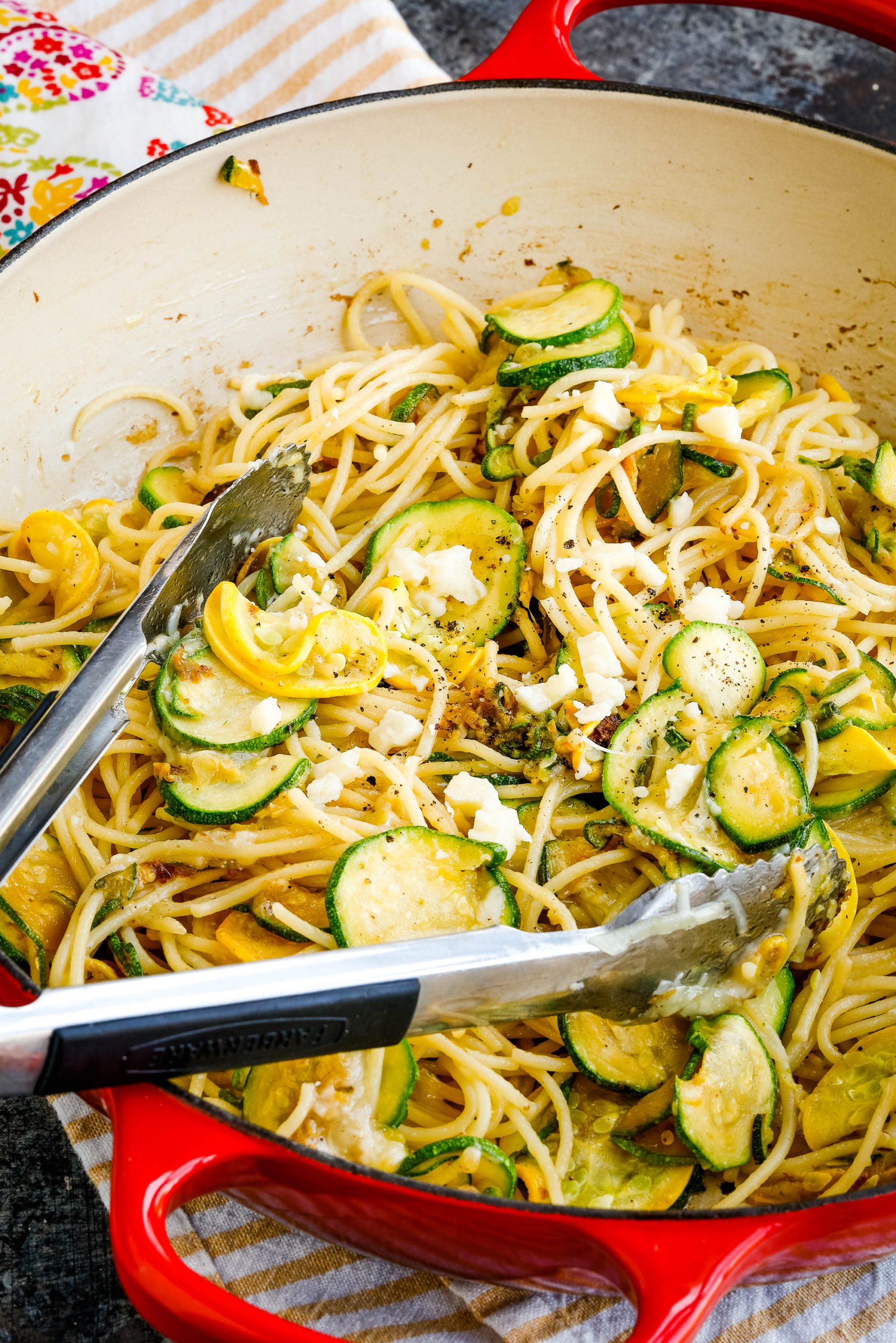 Summer Zucchini Squash Carbonara in a red pan