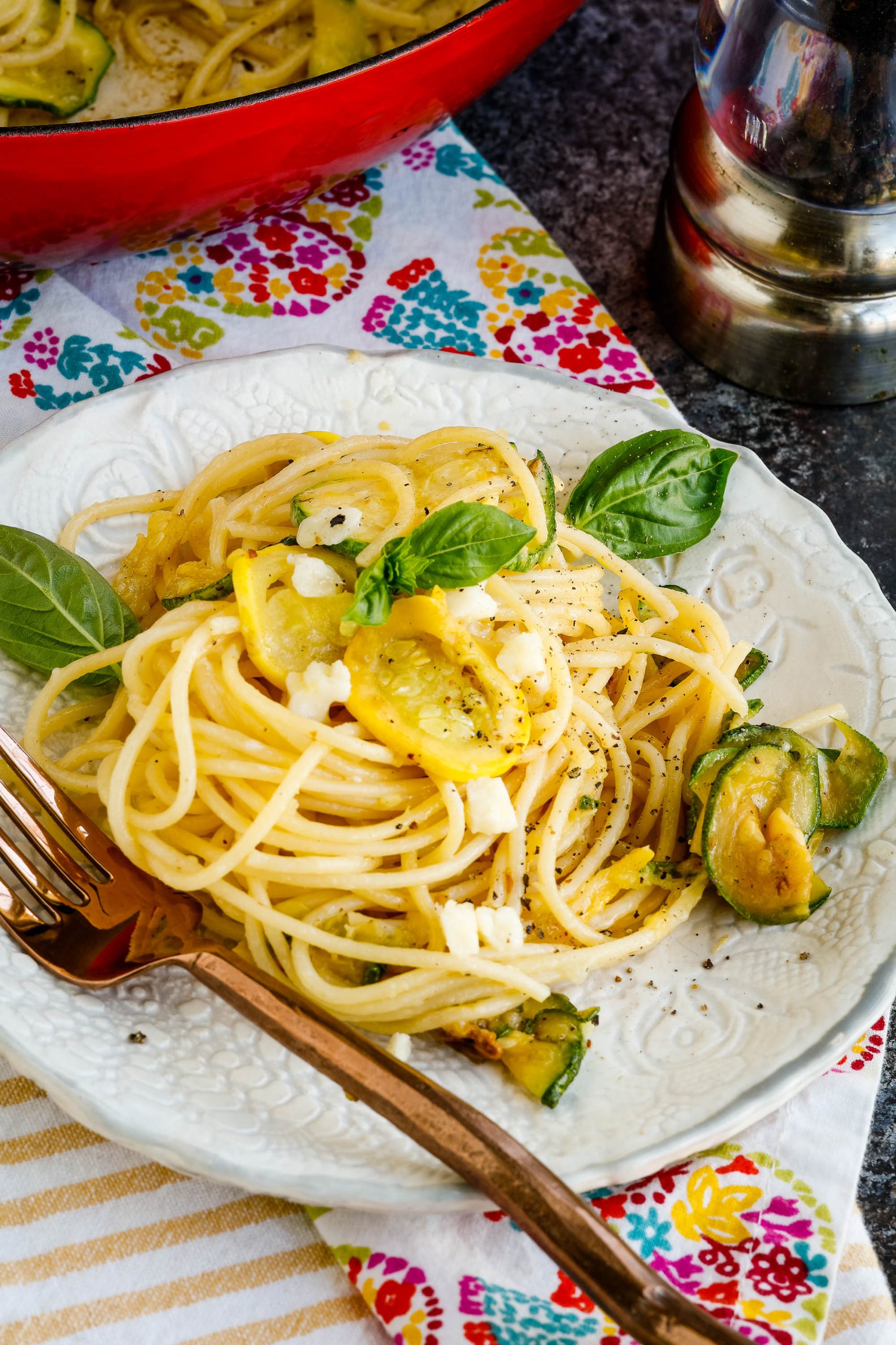 Summer Zucchini Squash Carbonara in a skillet.