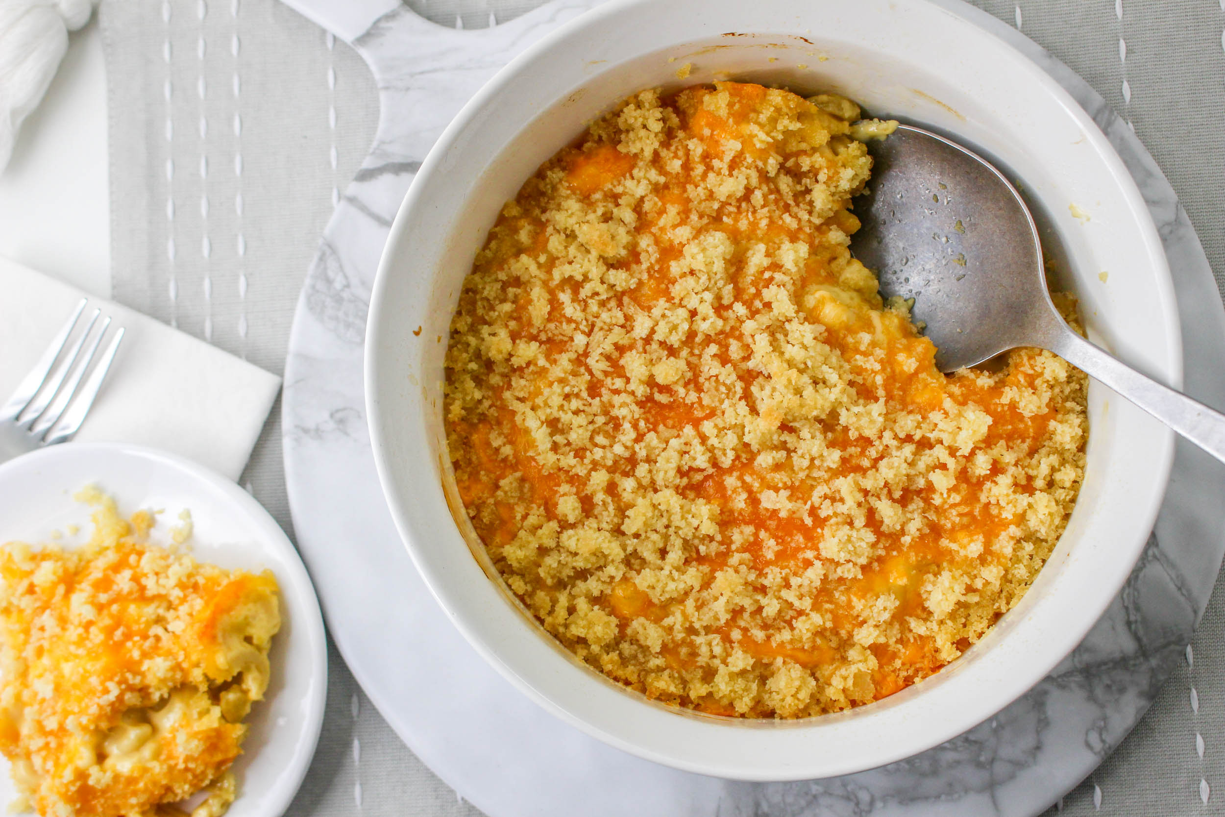 Flatlay of Baked Velveeta Mac and Cheese