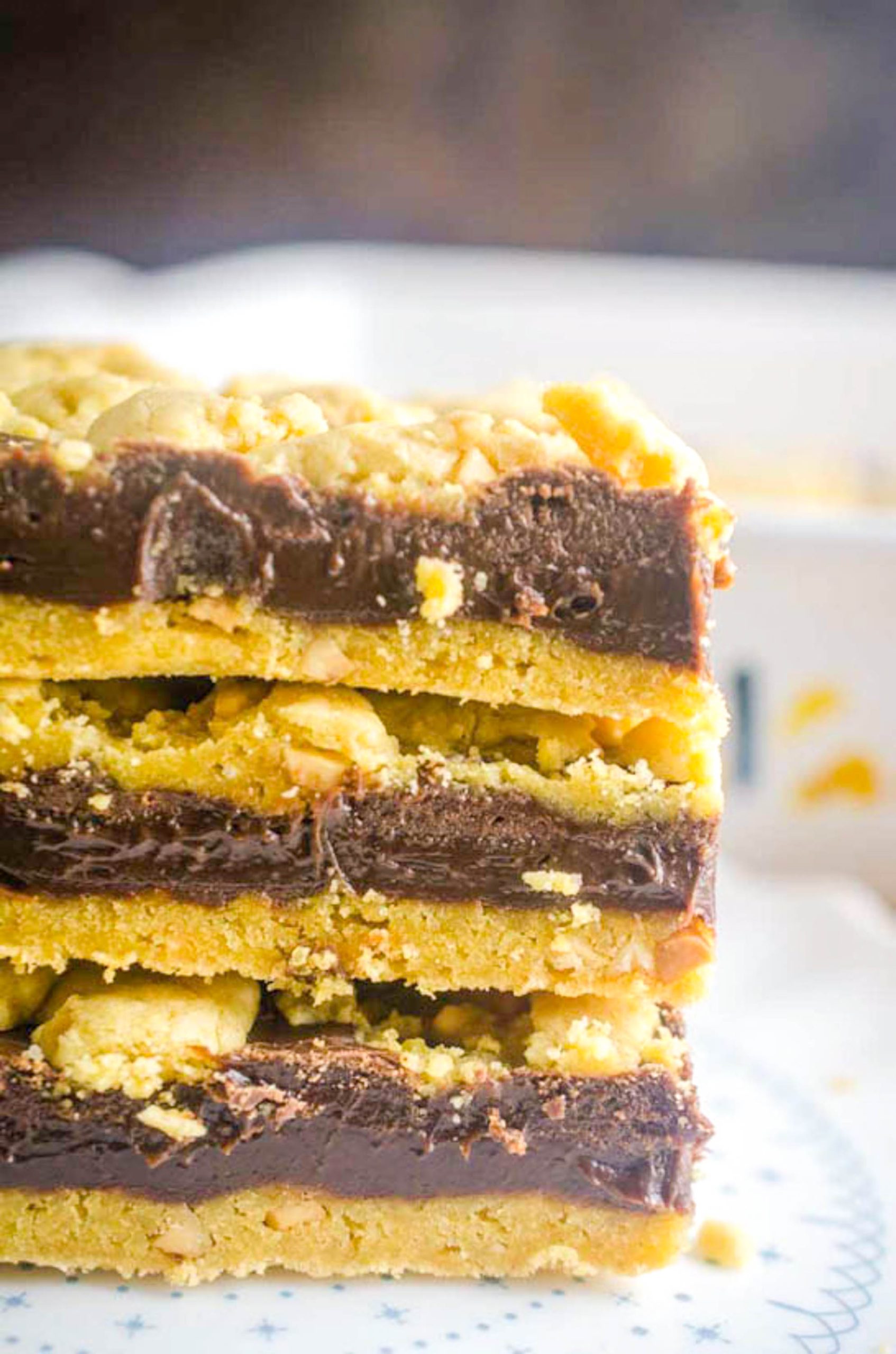 Stack of 3 chocolate bars on a saucer.