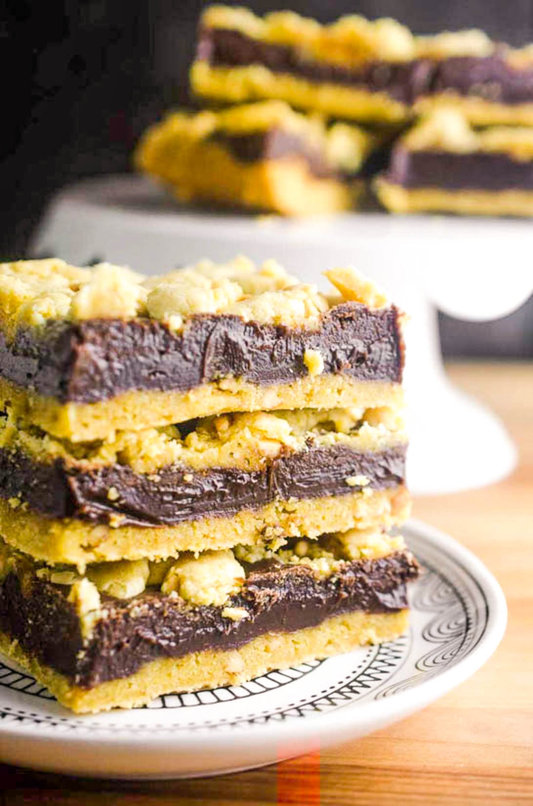 Stack of 3 chocolate bars on a saucer.