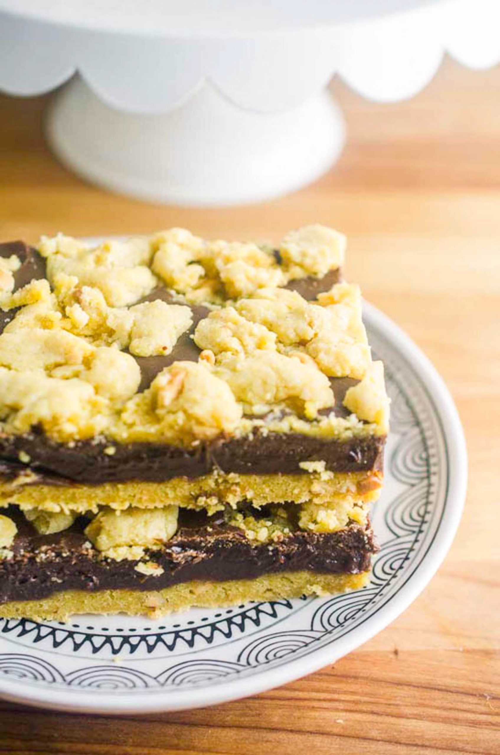 Stack of 2 chocolate bars on a saucer.