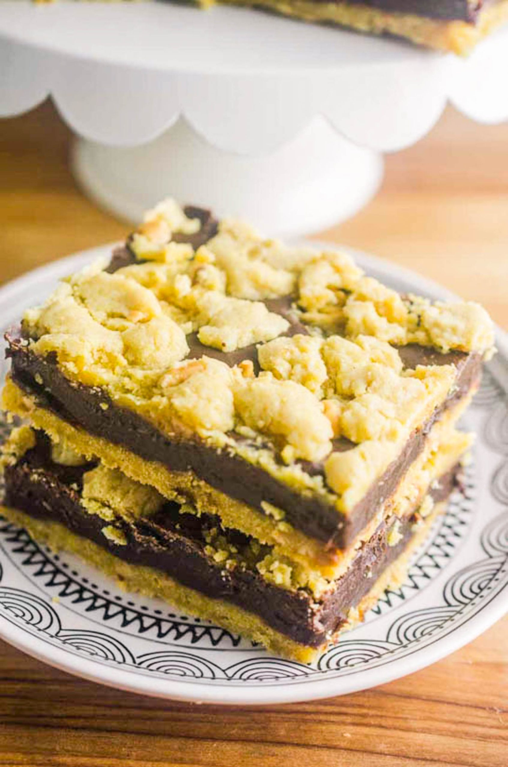 Stack of two chocolate bars on a saucer.