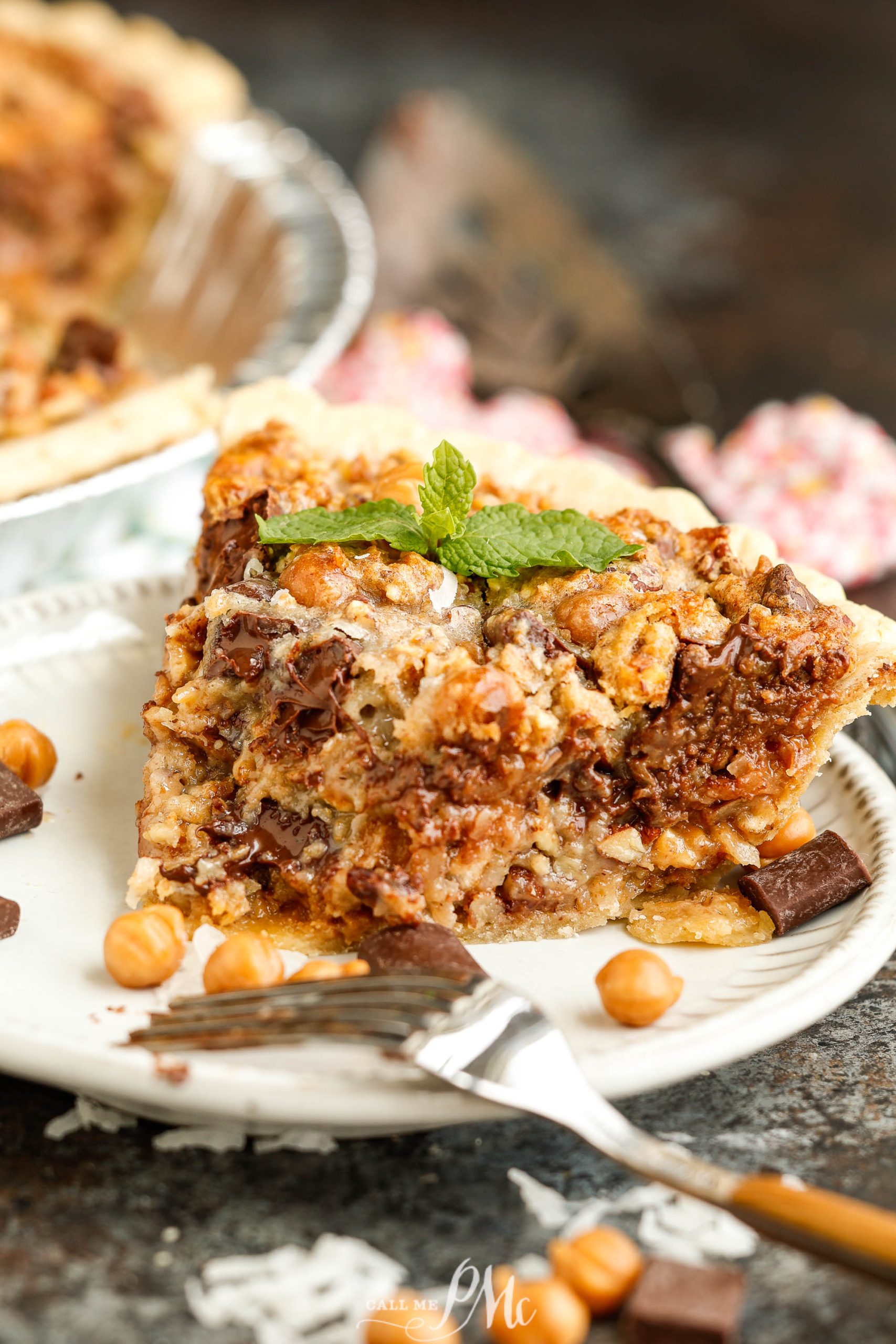 Slice of Texas Trash pie on a white plate.