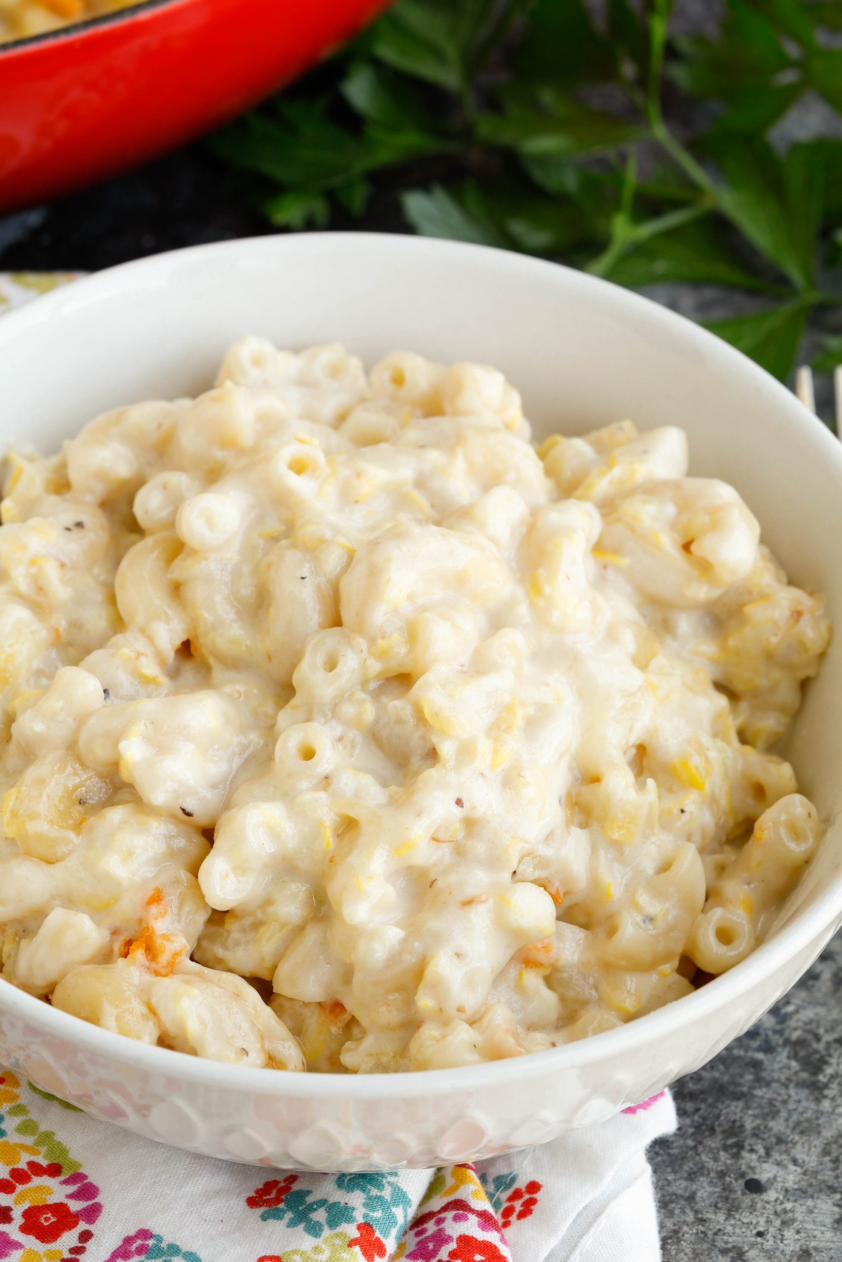 Summer Squash and Zucchini Mac and Cheese in a bowl.