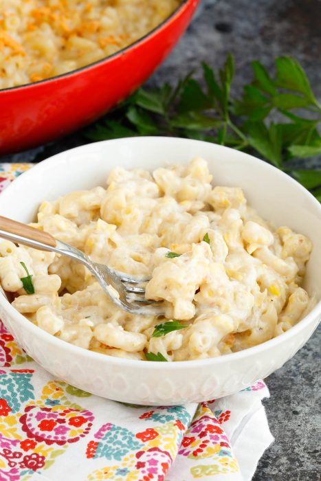 Bowl with pasta and fork.